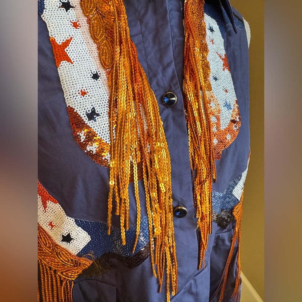 New! QUEEN OF SPARKLES Blue and Orange Boot Fringe Mini Dress - Picture 6 of 10